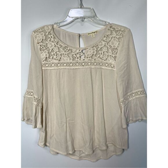 love on a hanger Tops - Love on a Hanger Women's Bell Sleeve Boho Rayon Lace Blouse Cream Medium